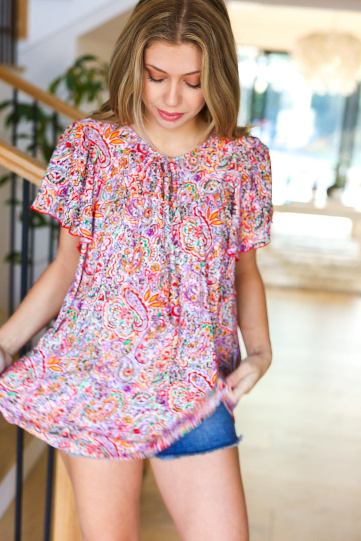 Plum Multicolor Boho Paisley Tie Neck Dolman Tops | Nikki &amp; Co. Boutique