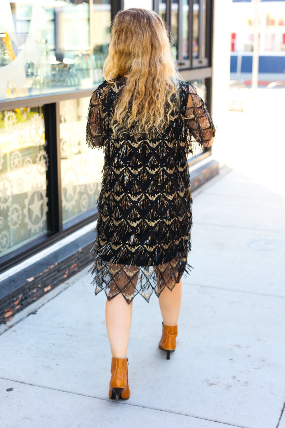 Feeling The Love Black & Gold Diamond Pattern Sequin Fringe Dress - Nikki and Co Boutique