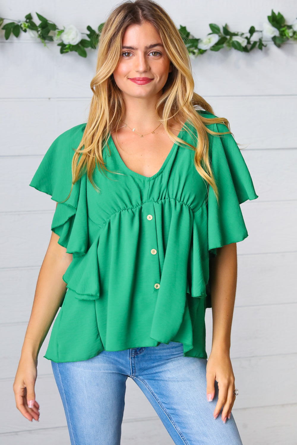 Sea Green Button Ruffle Woven Tops | Nikki &amp; Co. Boutique