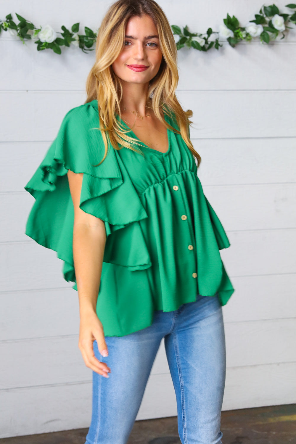 Sea Green Button Ruffle Woven Tops | Nikki &amp; Co. Boutique