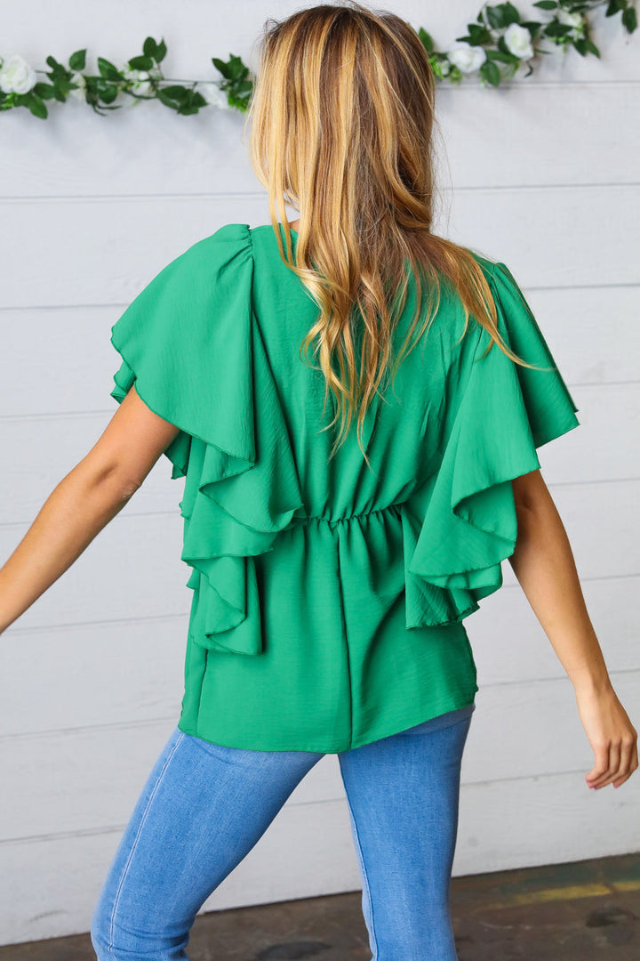 Sea Green Button Ruffle Woven Tops | Nikki &amp; Co. Boutique