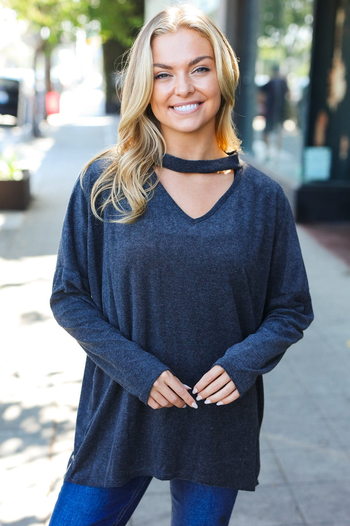 Casual Chic Solid Grey Choker Long Sleeve Hacci Pullover | Nikki &amp; Co. Boutique