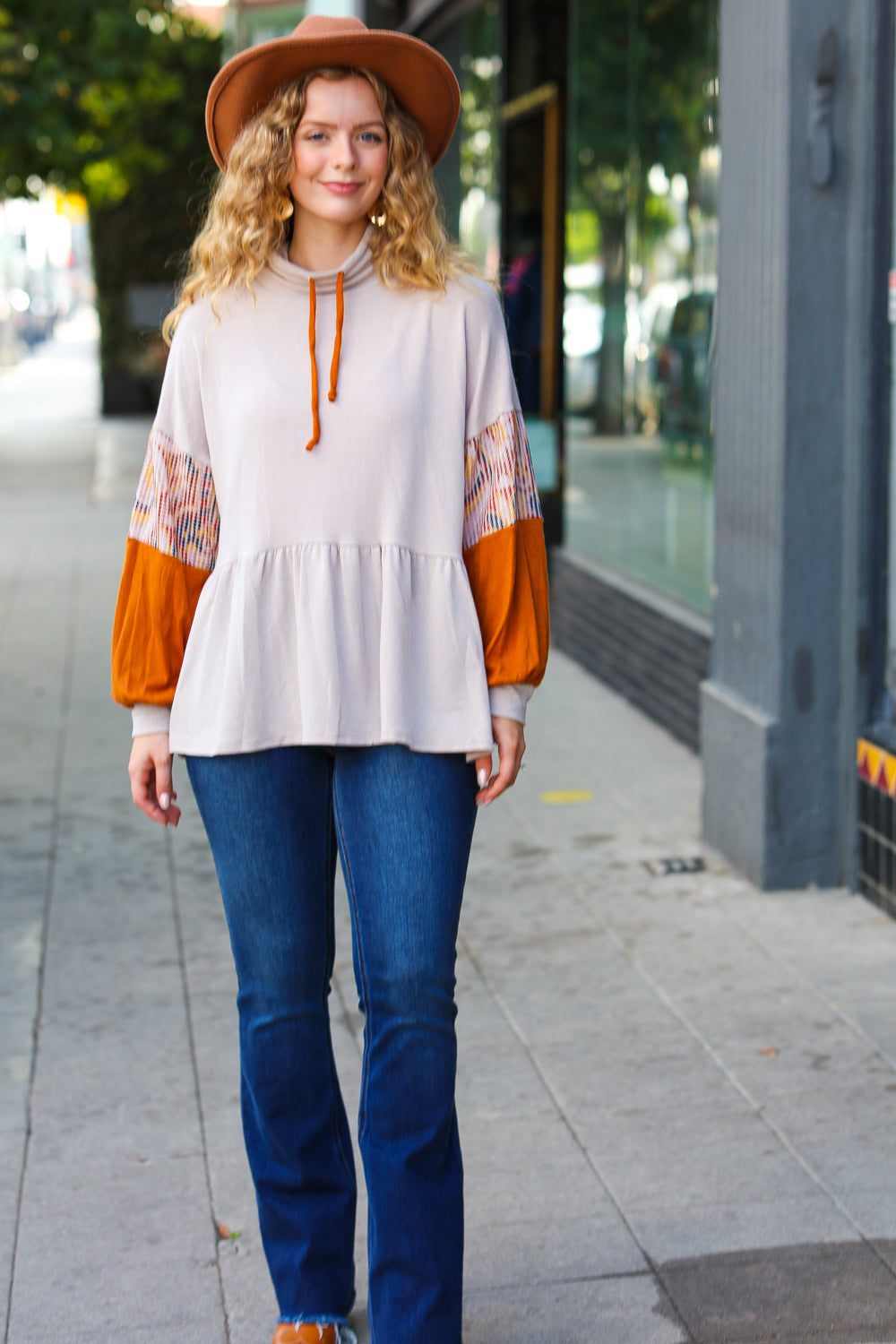 Taupe &amp; Rust Turtleneck Babydoll Terry Top | Nikki &amp; Co. Boutique