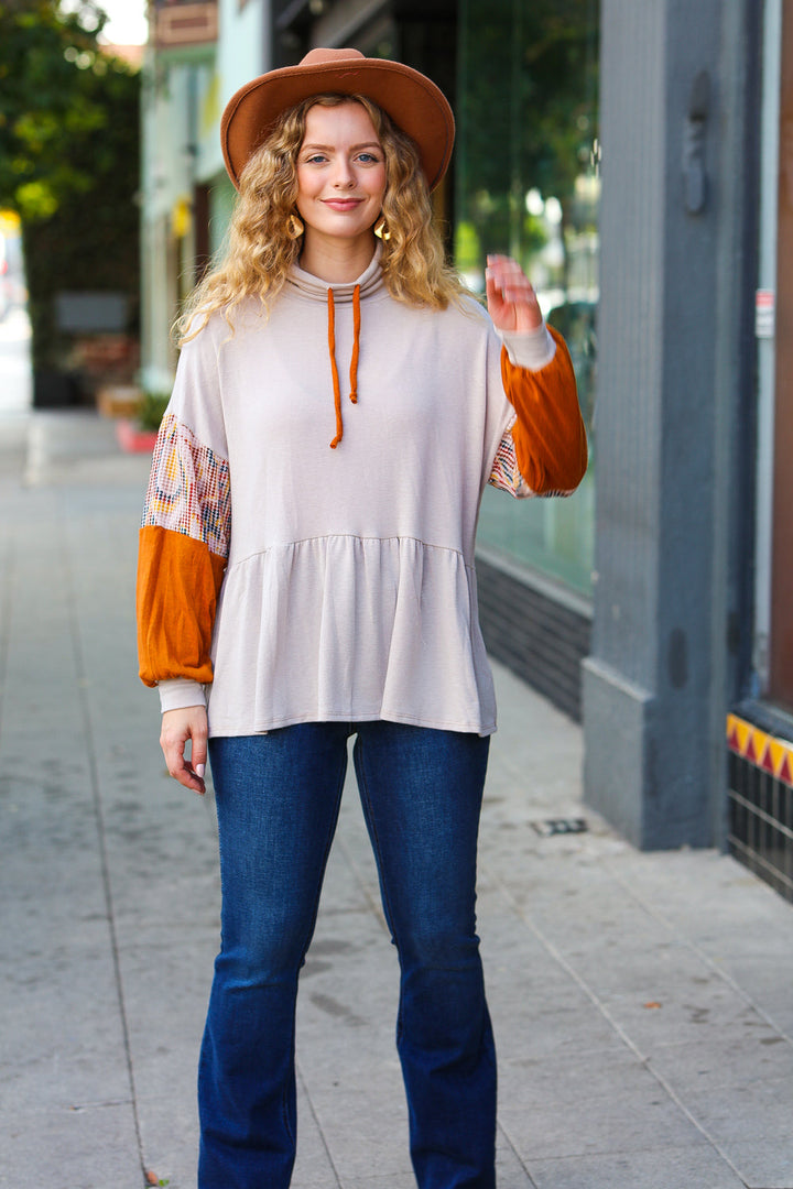 Taupe &amp; Rust Turtleneck Babydoll Terry Top | Nikki &amp; Co. Boutique