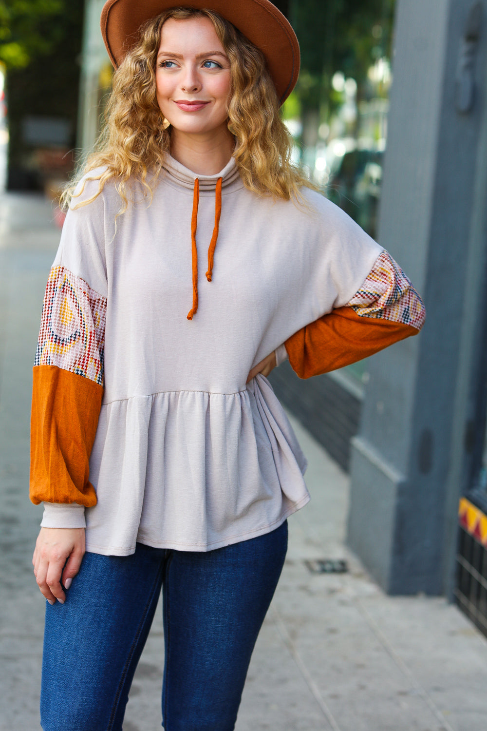 Taupe &amp; Rust Turtleneck Babydoll Terry Top | Nikki &amp; Co. Boutique