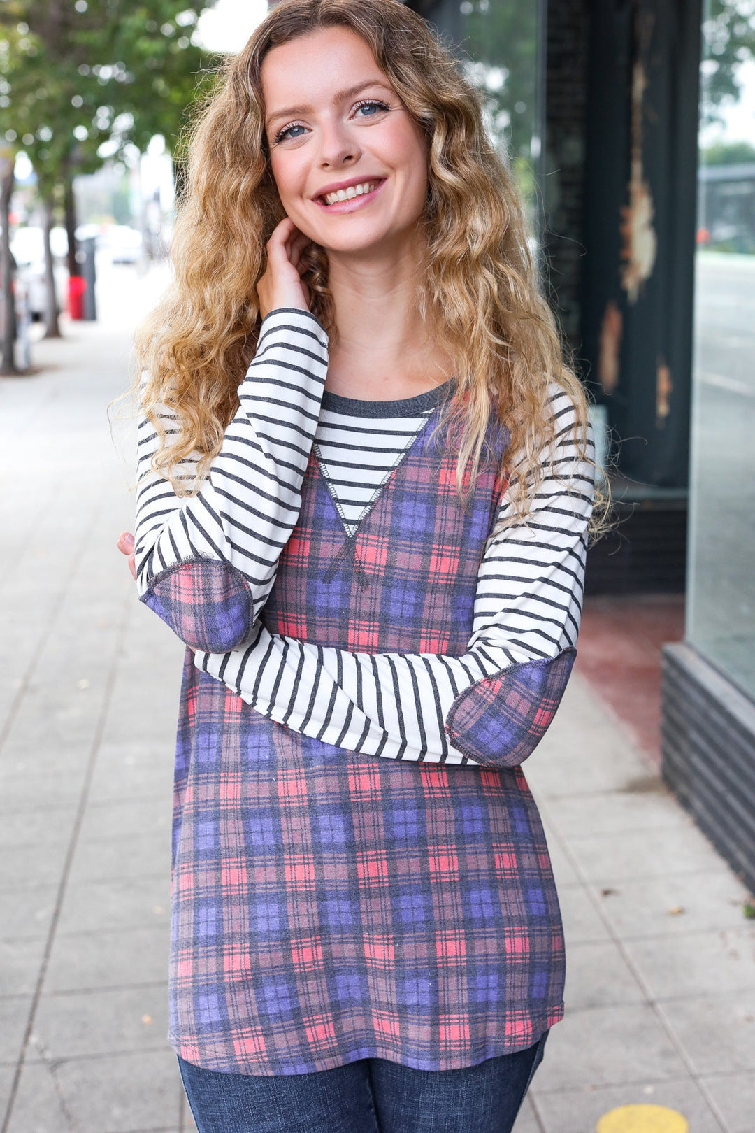 Feeling Playful Plaid/Stripe Outseam Stitch Elbow Patch Pullover | Nikki & Co. Boutique