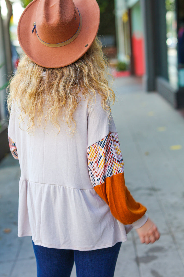 Taupe &amp; Rust Turtleneck Babydoll Terry Top | Nikki &amp; Co. Boutique