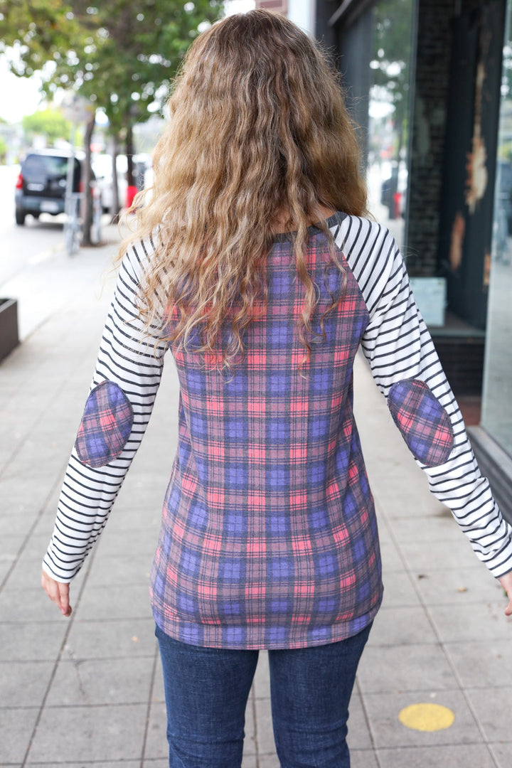 Feeling Playful Plaid/Stripe Outseam Stitch Elbow Patch Pullover | Nikki &amp; Co. Boutique