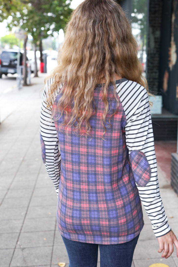 Feeling Playful Plaid/Stripe Outseam Stitch Elbow Patch Pullover | Nikki &amp; Co. Boutique
