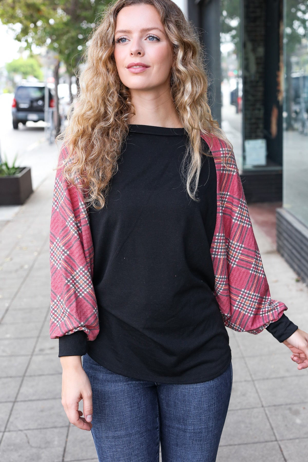 You Got This Burgundy Plaid Dolman Round Neck Top - Nikki and Co Boutique