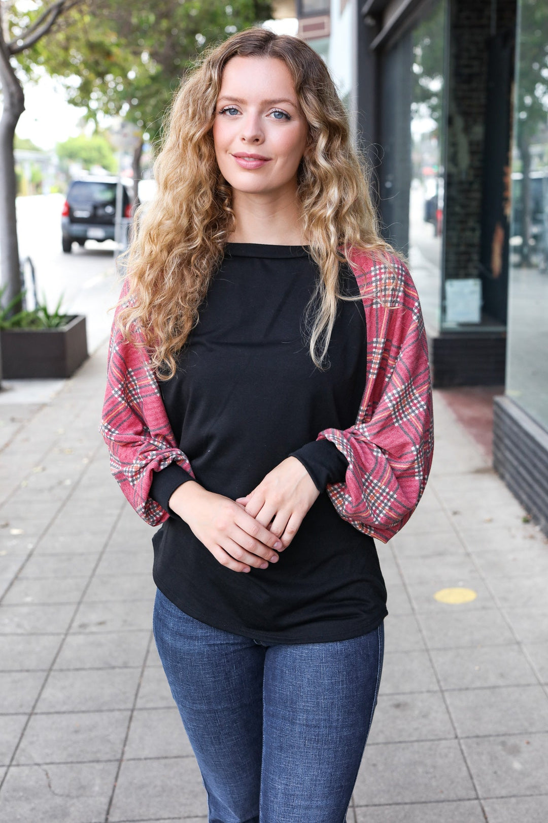 You Got This Burgundy Plaid Dolman Round Neck Tops | Nikki &amp; Co. Boutique