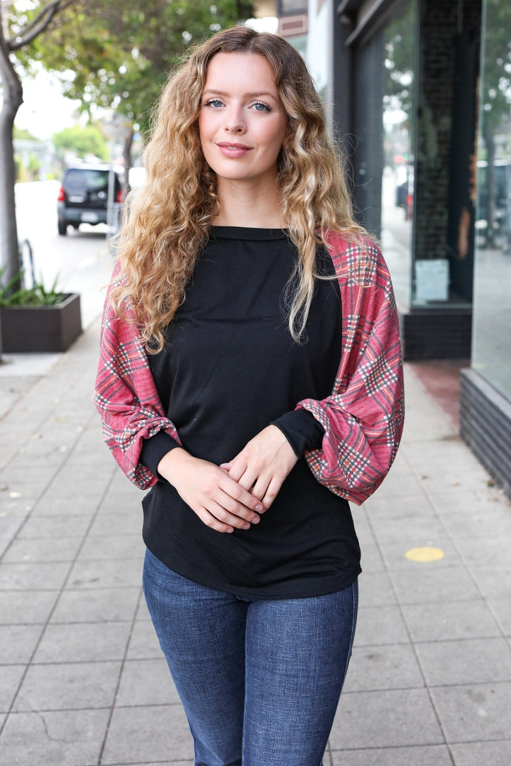 You Got This Burgundy Plaid Dolman Round Neck Tops | Nikki &amp; Co. Boutique