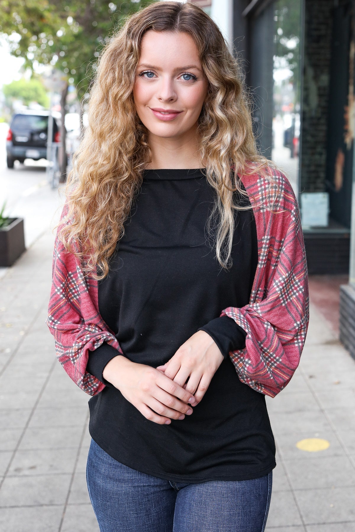 You Got This Burgundy Plaid Dolman Round Neck Top - Nikki and Co Boutique