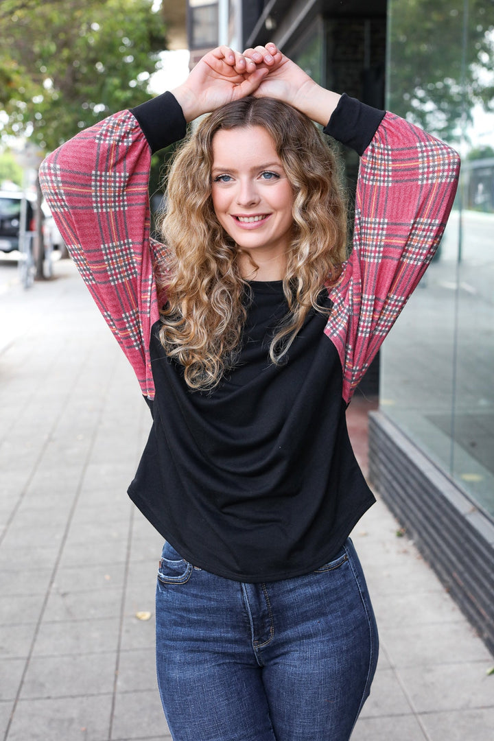 You Got This Burgundy Plaid Dolman Round Neck Tops | Nikki &amp; Co. Boutique