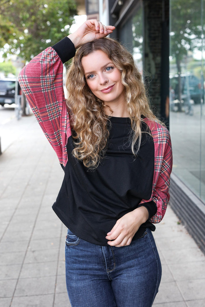 You Got This Burgundy Plaid Dolman Round Neck Tops | Nikki &amp; Co. Boutique