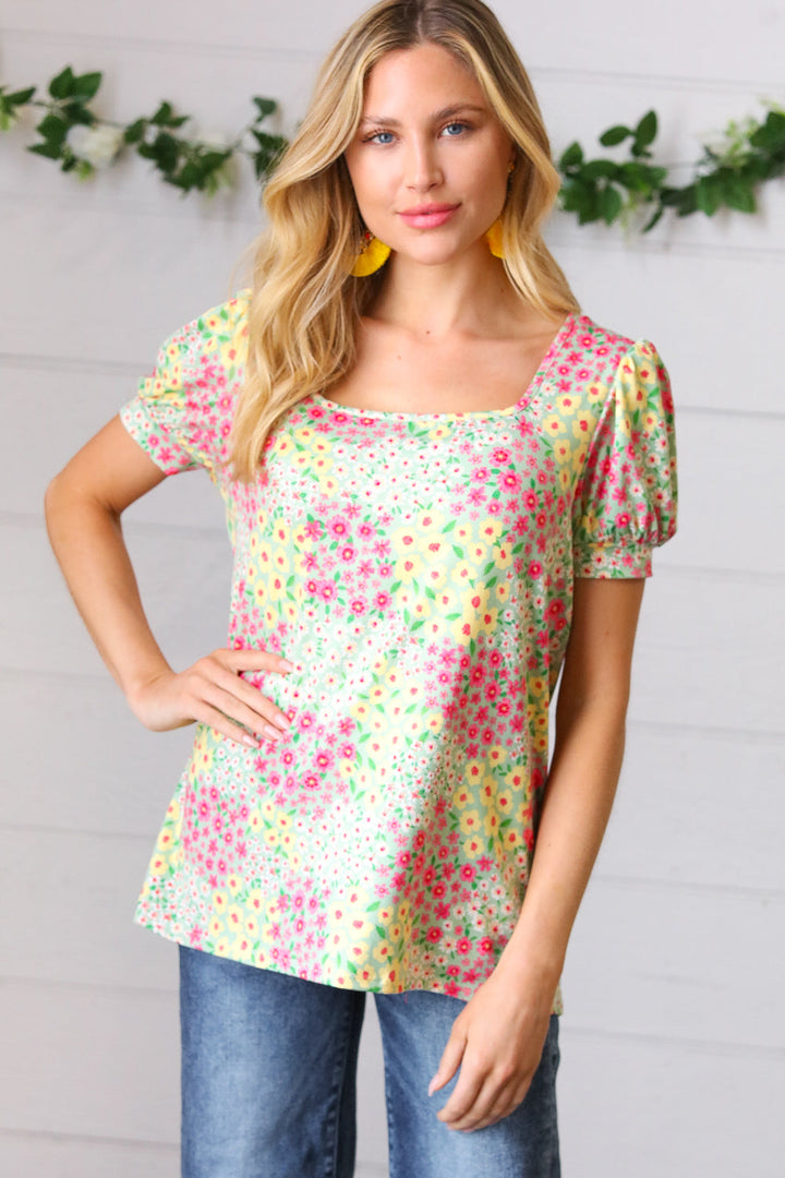 Canary/Mint Floral Square Neck Bubble Sleeve Tops | Nikki &amp; Co. Boutique