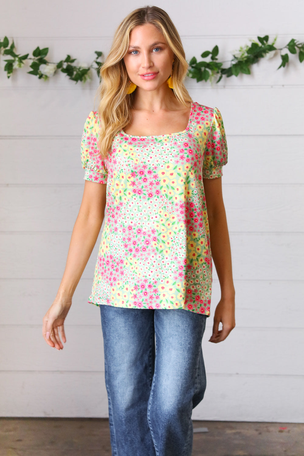 Canary/Mint Floral Square Neck Bubble Sleeve Tops | Nikki &amp; Co. Boutique