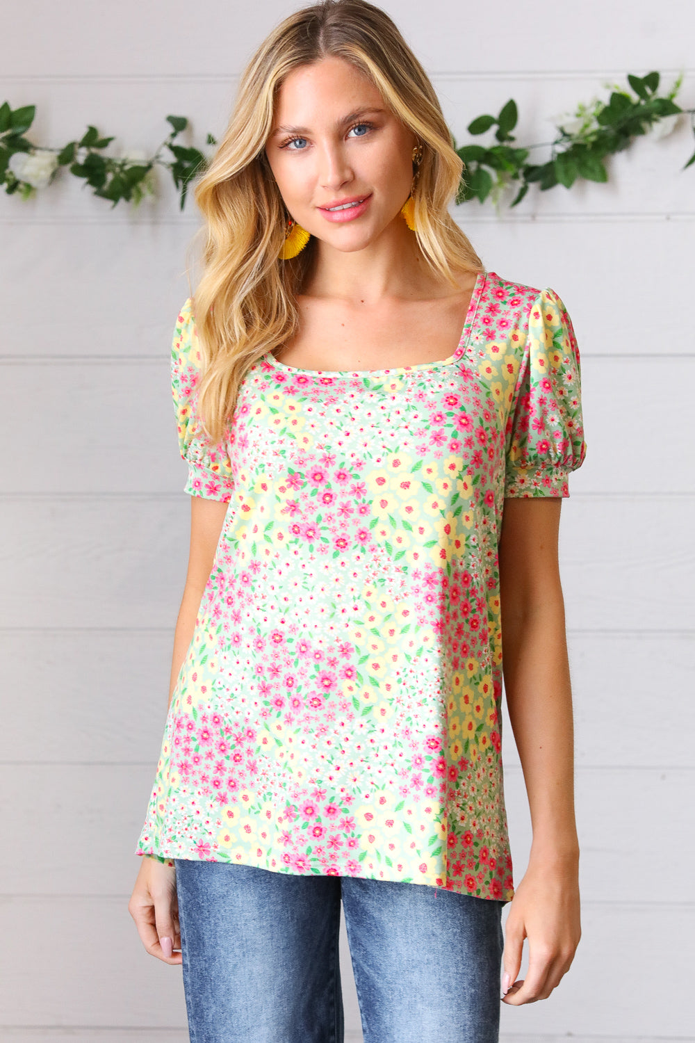 Canary/Mint Floral Square Neck Bubble Sleeve Tops | Nikki &amp; Co. Boutique