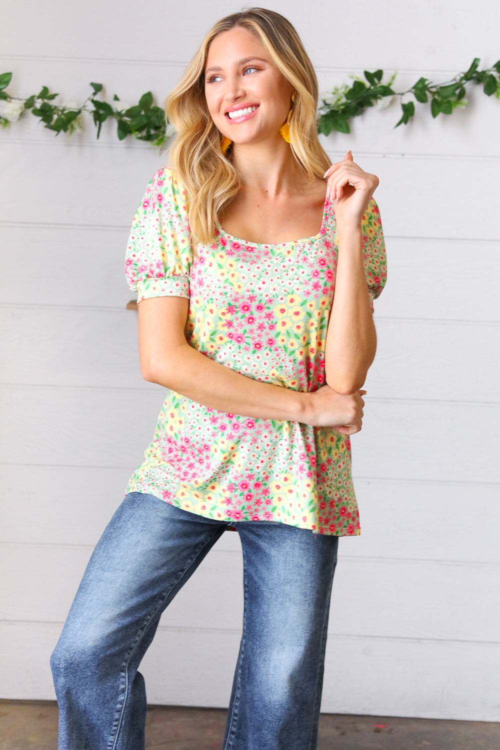 Canary/Mint Floral Square Neck Bubble Sleeve Tops | Nikki &amp; Co. Boutique