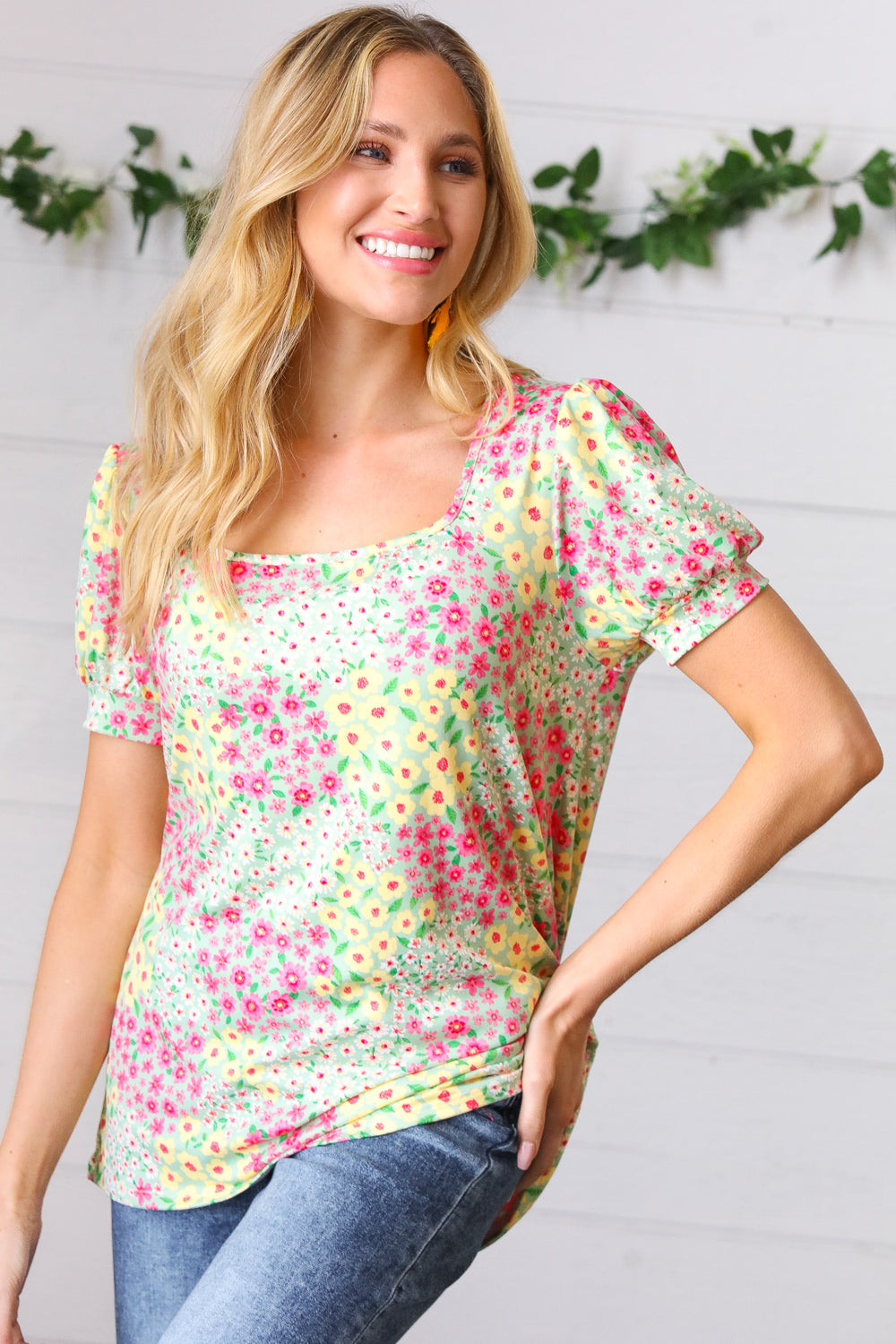 Canary/Mint Floral Square Neck Bubble Sleeve Tops | Nikki &amp; Co. Boutique