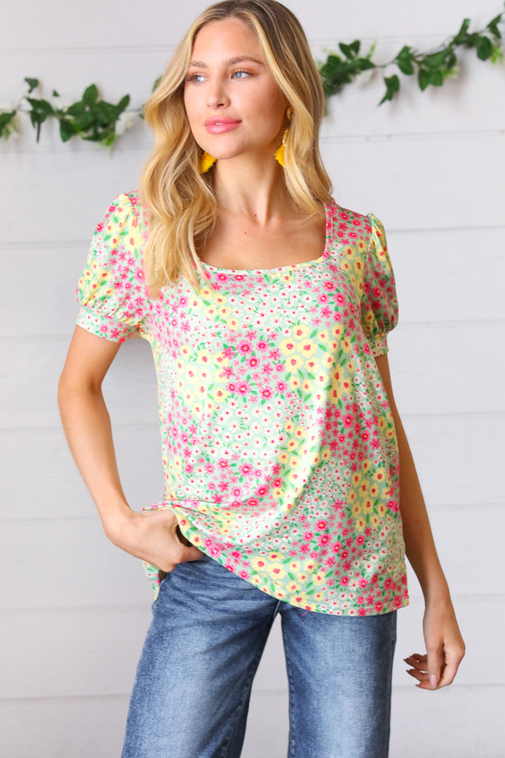 Canary/Mint Floral Square Neck Bubble Sleeve Tops | Nikki &amp; Co. Boutique