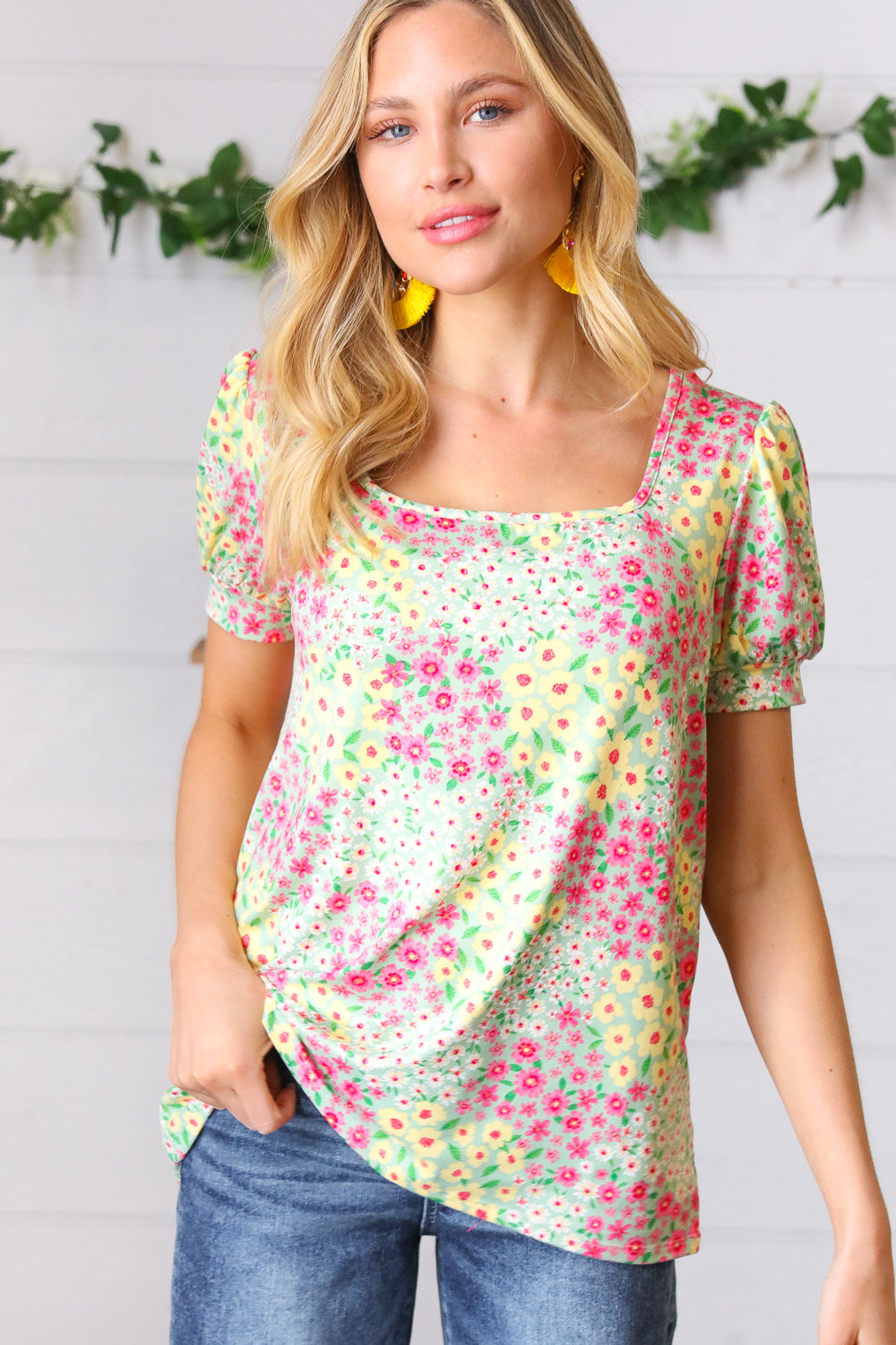 Canary/Mint Floral Square Neck Bubble Sleeve Tops | Nikki &amp; Co. Boutique
