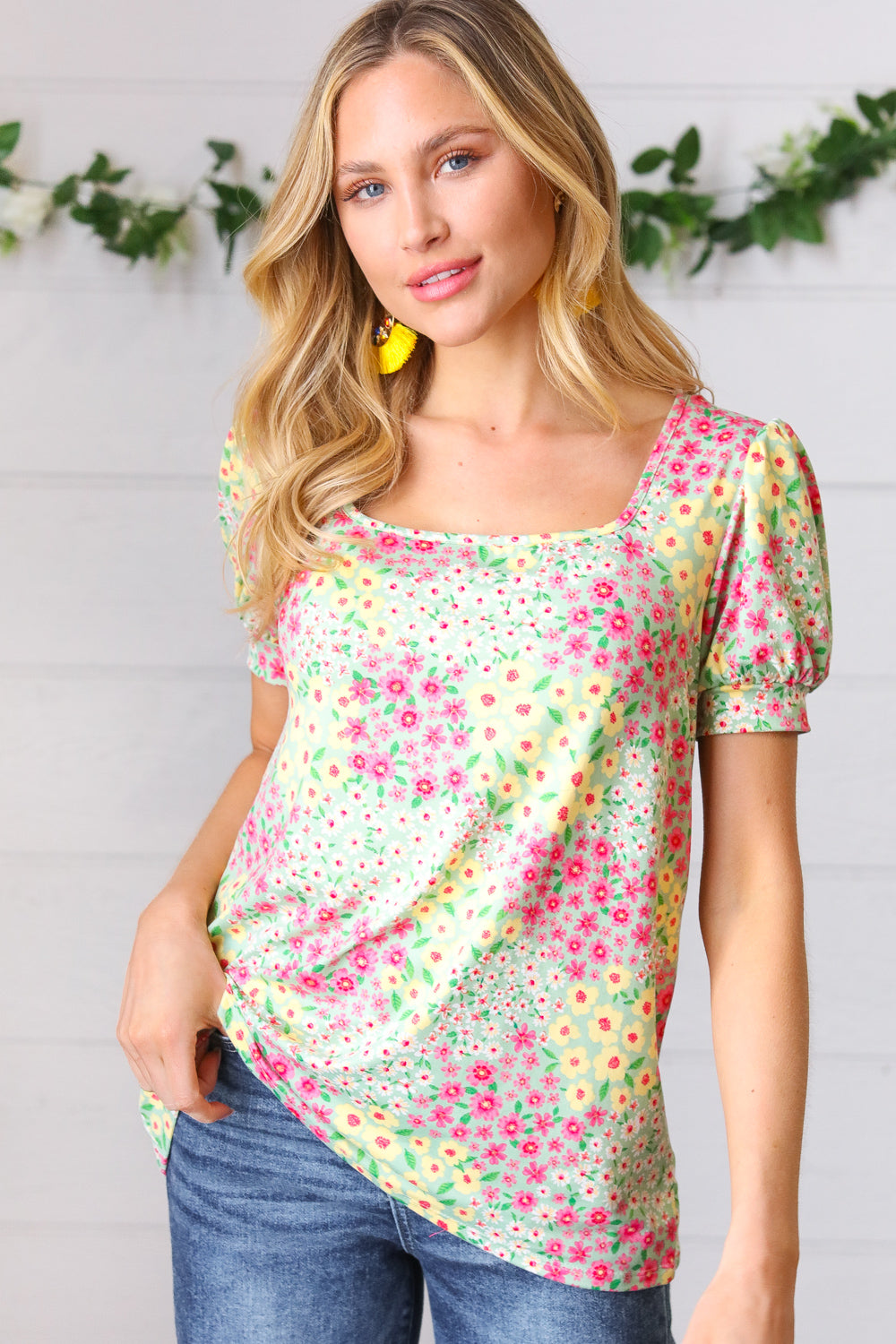 Canary/Mint Floral Square Neck Bubble Sleeve Tops | Nikki & Co. Boutique