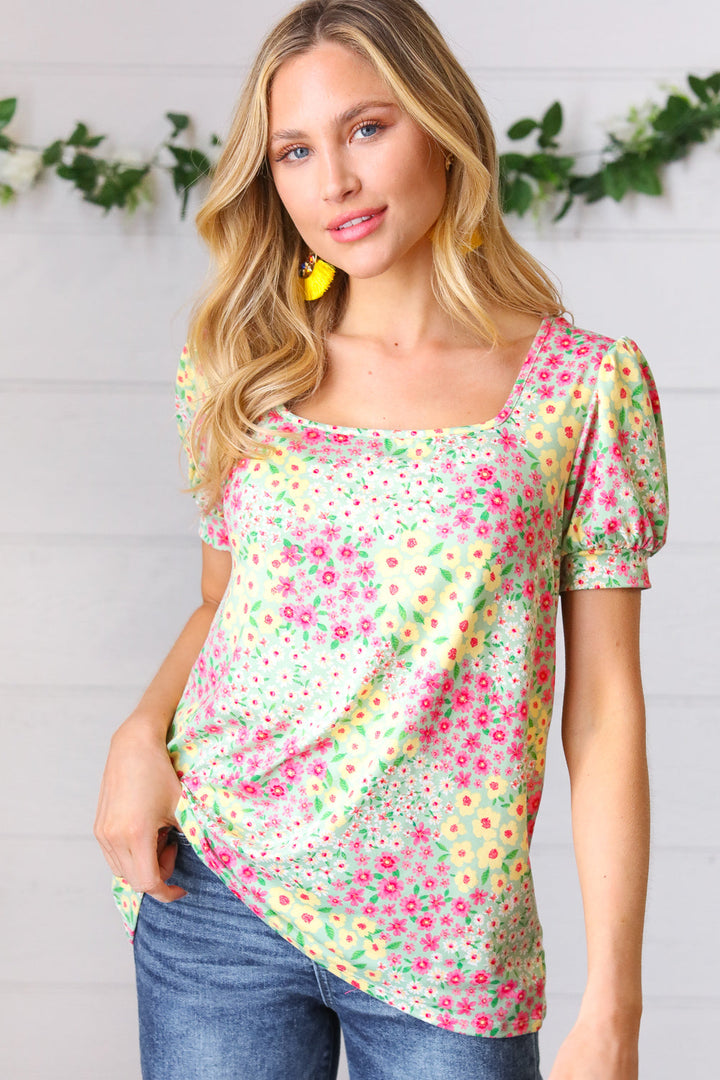 Canary/Mint Floral Square Neck Bubble Sleeve Tops | Nikki &amp; Co. Boutique