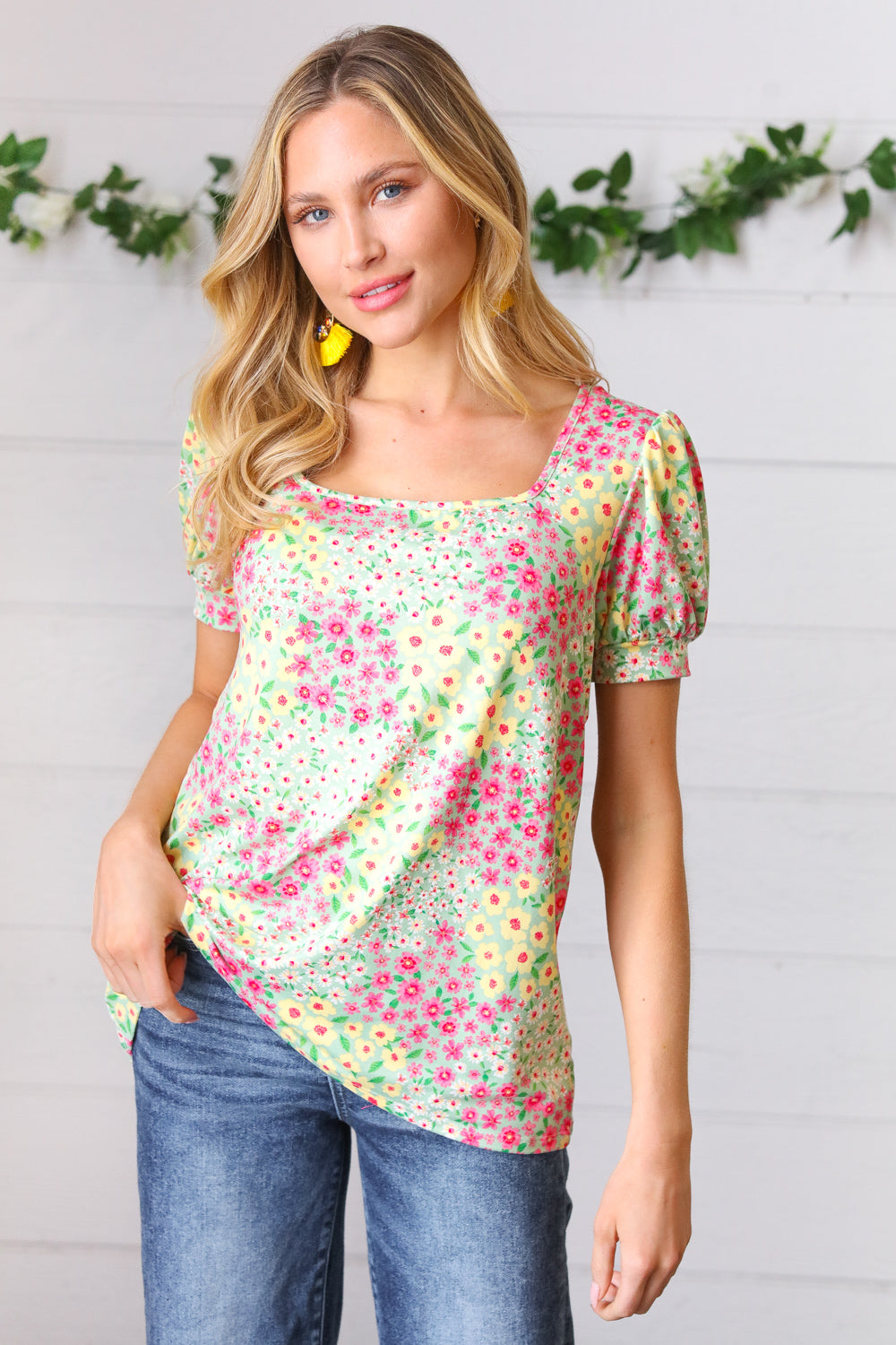 Canary/Mint Floral Square Neck Bubble Sleeve Tops | Nikki &amp; Co. Boutique