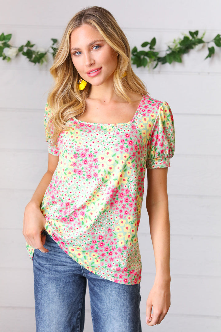 Canary/Mint Floral Square Neck Bubble Sleeve Tops | Nikki &amp; Co. Boutique