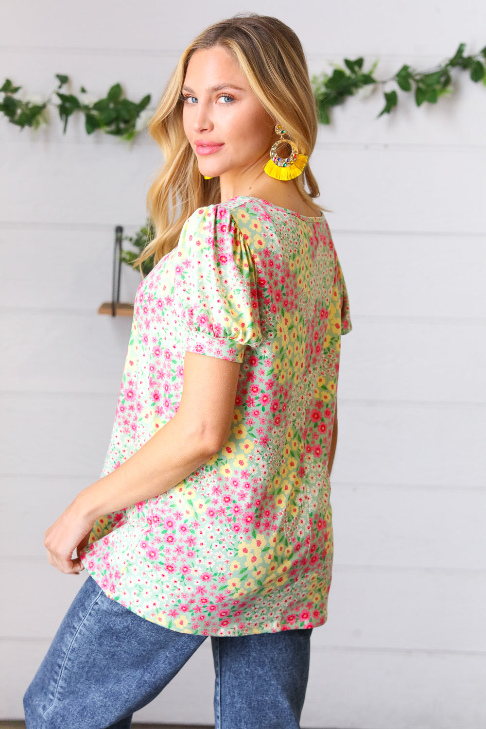Canary/Mint Floral Square Neck Bubble Sleeve Tops | Nikki &amp; Co. Boutique