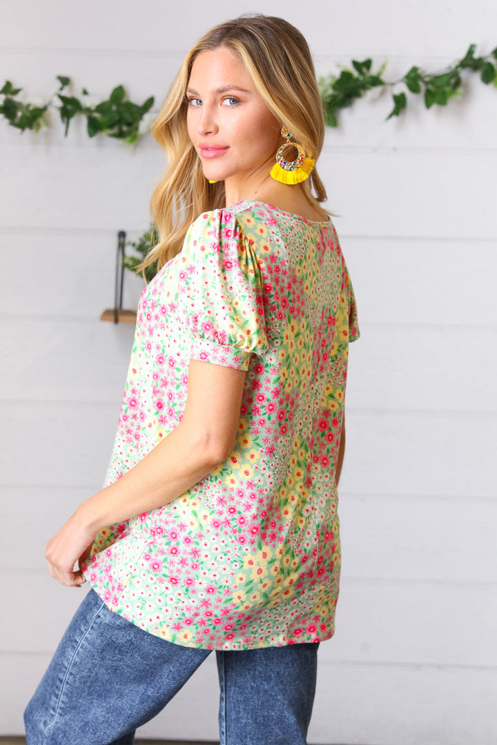 Canary/Mint Floral Square Neck Bubble Sleeve Tops | Nikki &amp; Co. Boutique