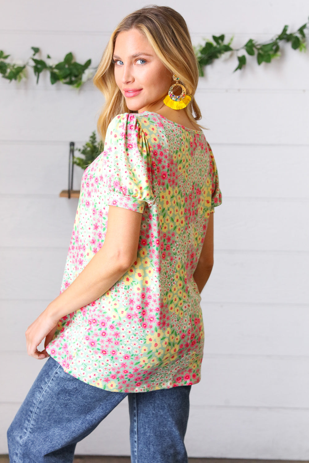 Canary/Mint Floral Square Neck Bubble Sleeve Tops | Nikki &amp; Co. Boutique