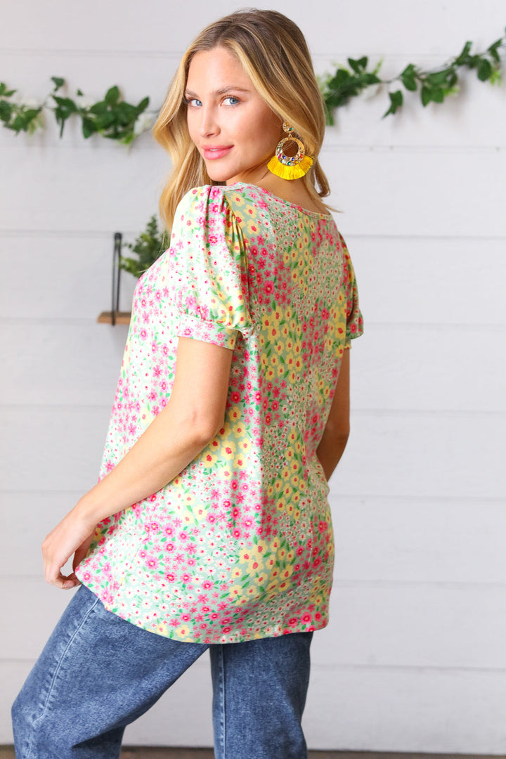 Canary/Mint Floral Square Neck Bubble Sleeve Tops | Nikki &amp; Co. Boutique