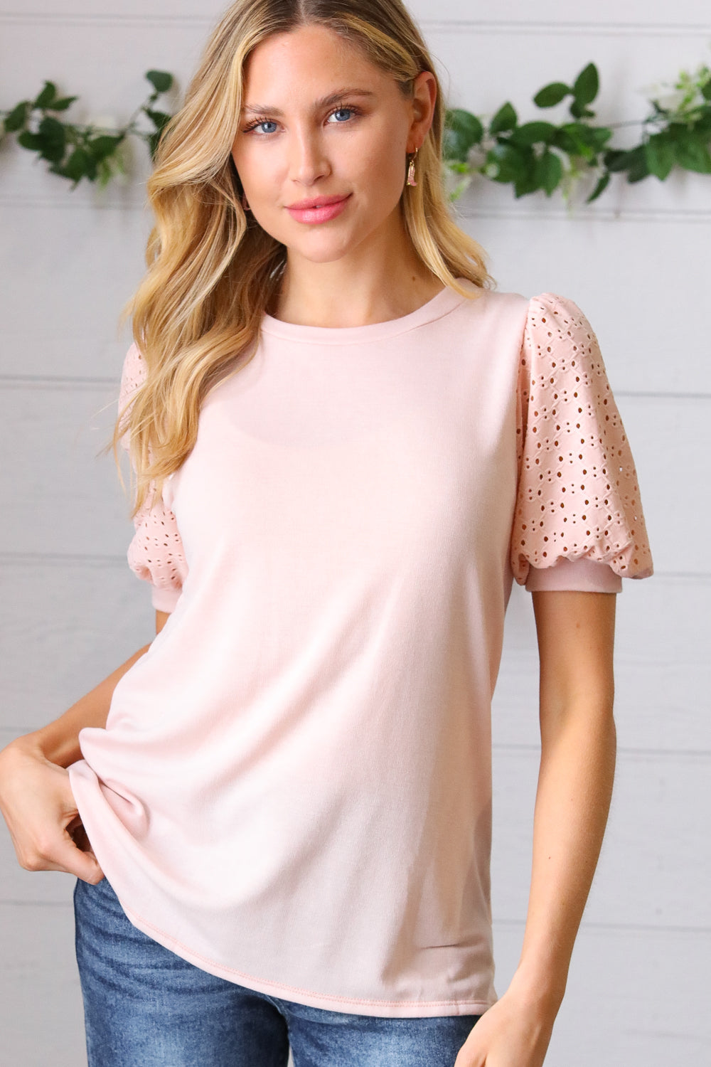 Peach Eyelet Puff Sleeve French Terry Top | Nikki &amp; Co. Boutique