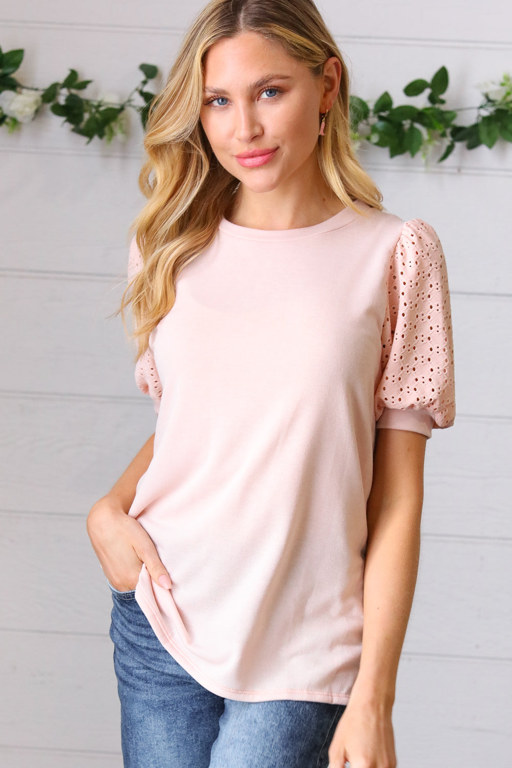 Peach Eyelet Puff Sleeve French Terry Top | Nikki &amp; Co. Boutique
