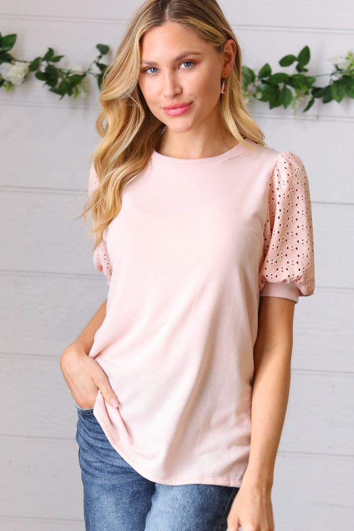 Peach Eyelet Puff Sleeve French Terry Top | Nikki &amp; Co. Boutique