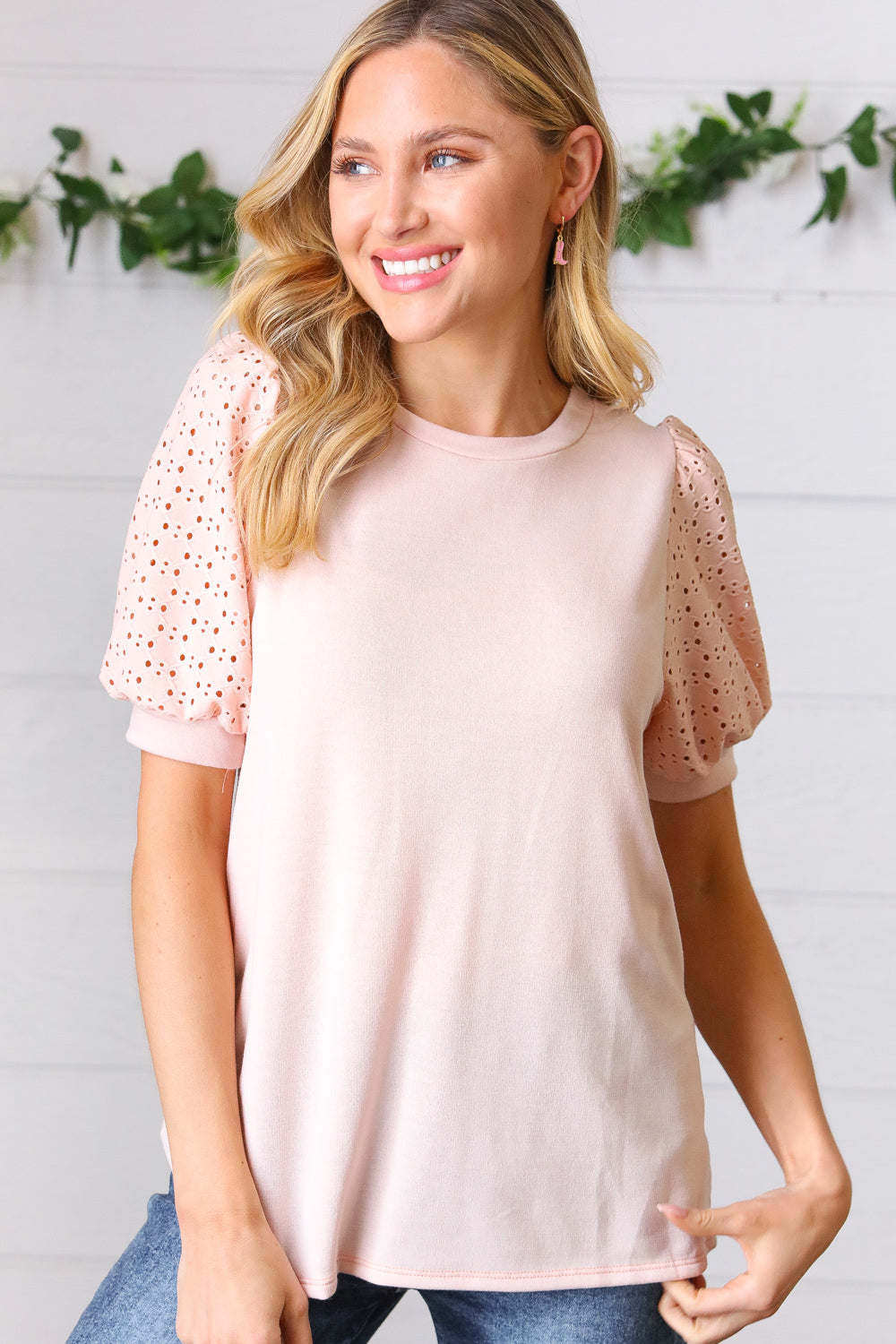 Peach Eyelet Puff Sleeve French Terry Top | Nikki &amp; Co. Boutique