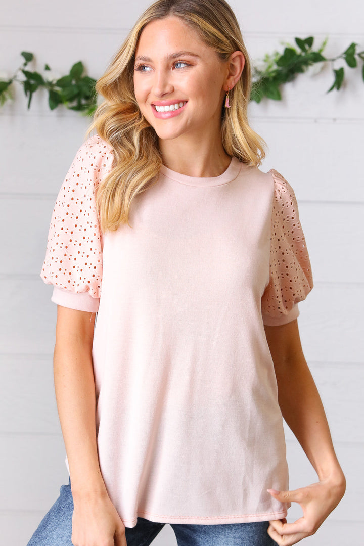 Peach Eyelet Puff Sleeve French Terry Top | Nikki &amp; Co. Boutique
