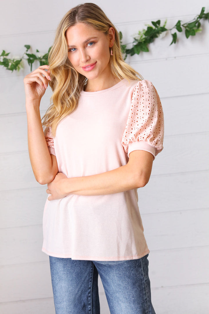 Peach Eyelet Puff Sleeve French Terry Top | Nikki &amp; Co. Boutique