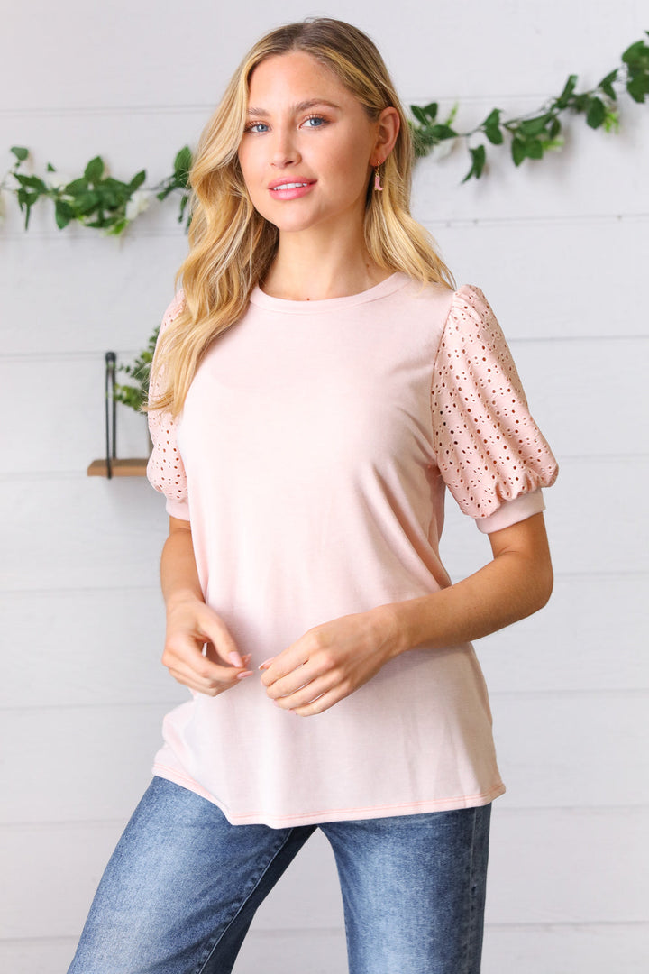 Peach Eyelet Puff Sleeve French Terry Top | Nikki &amp; Co. Boutique