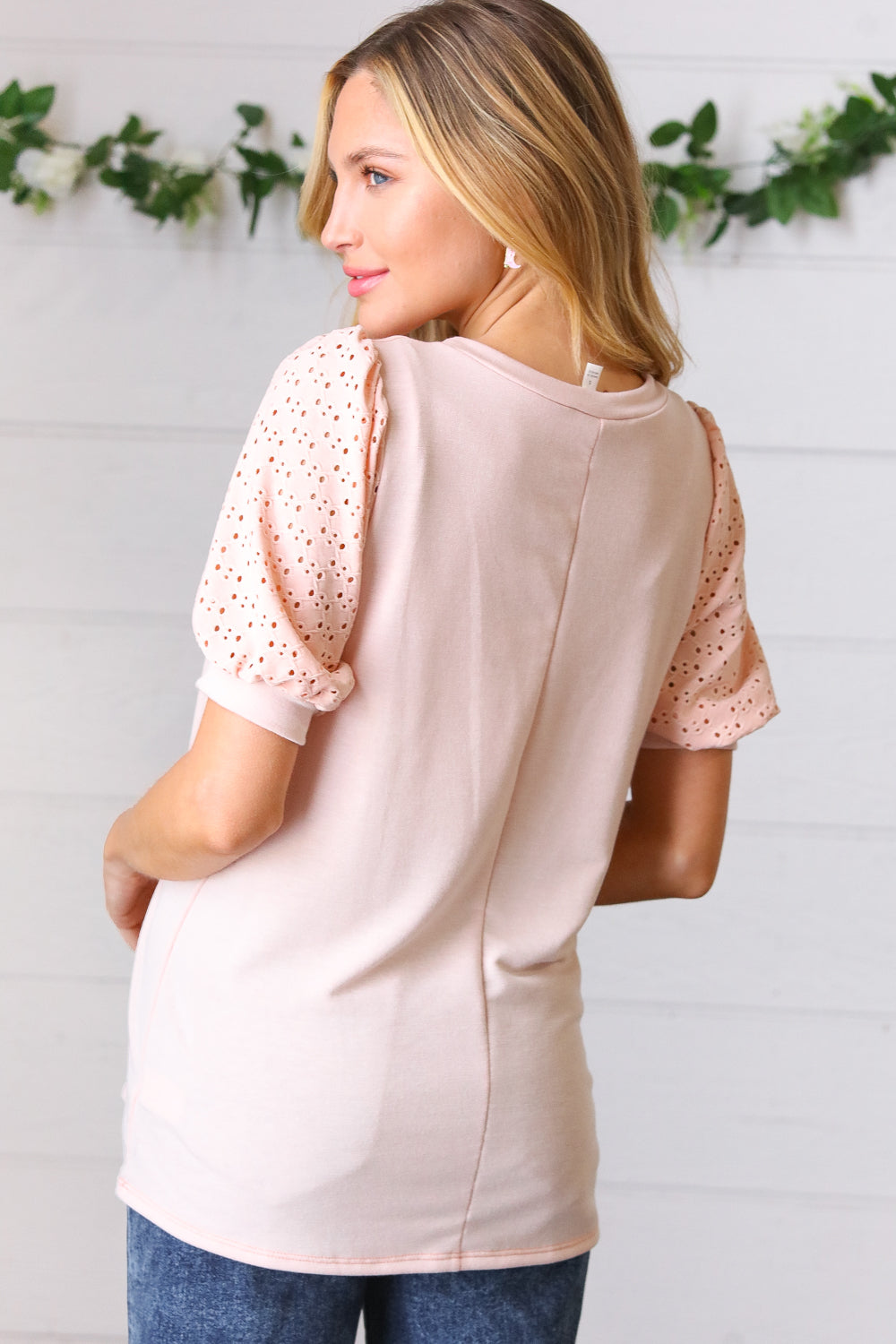 Peach Eyelet Puff Sleeve French Terry Top | Nikki &amp; Co. Boutique