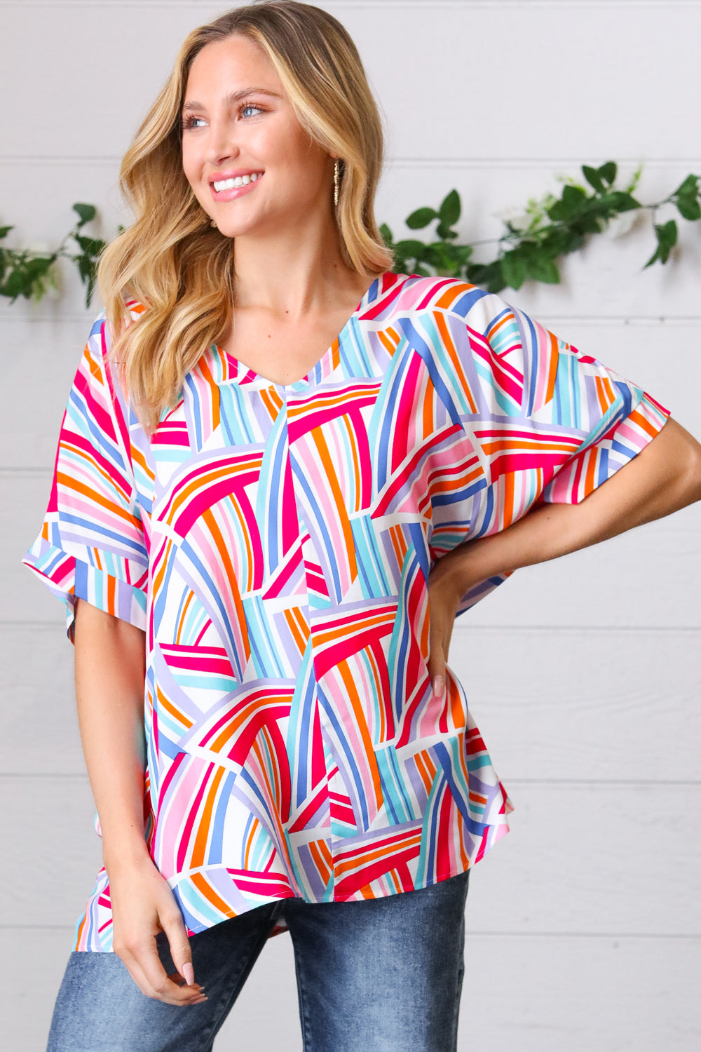 Blue &amp; Fuchsia Geometric Print Woven Top | Nikki &amp; Co. Boutique