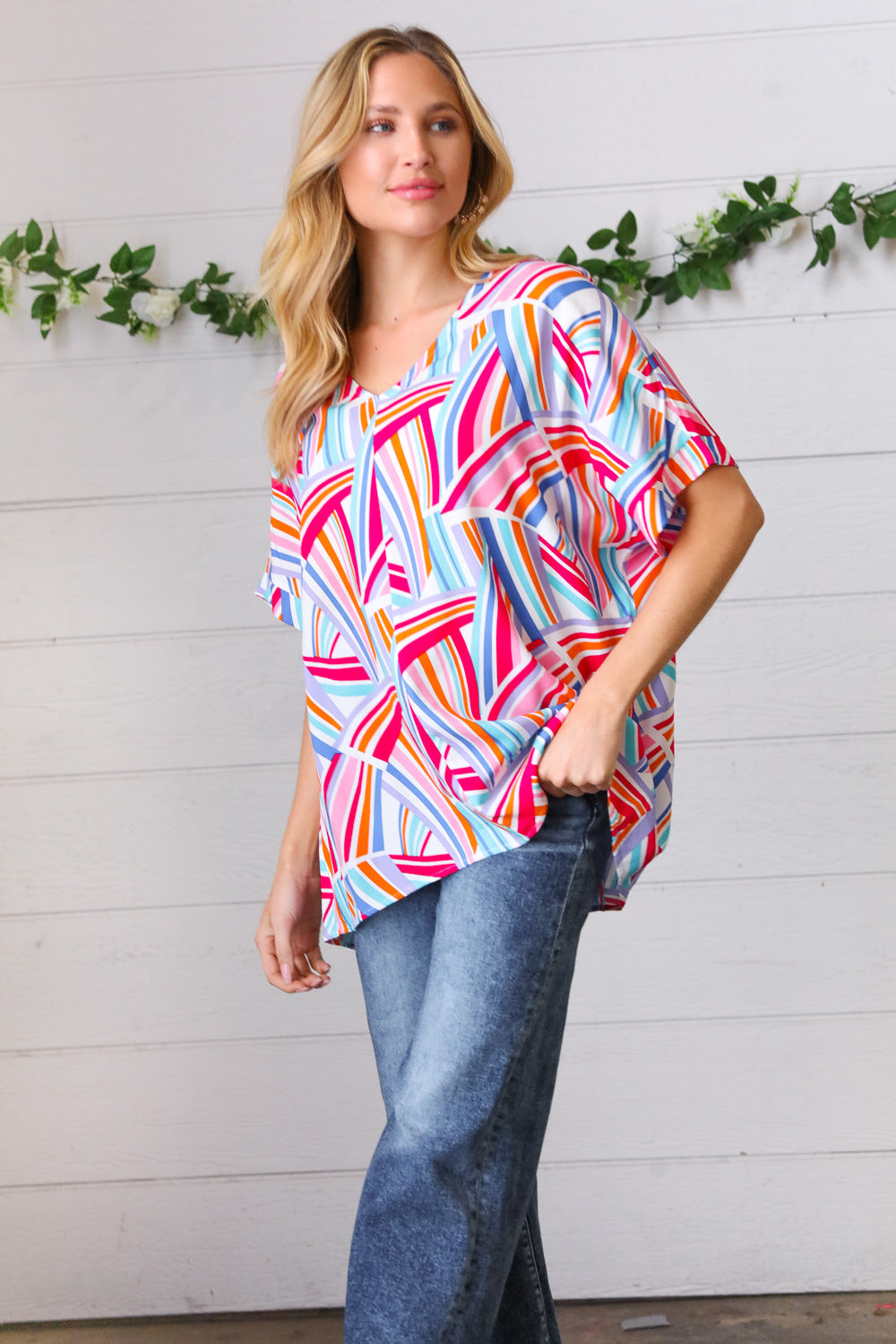 Blue &amp; Fuchsia Geometric Print Woven Top | Nikki &amp; Co. Boutique