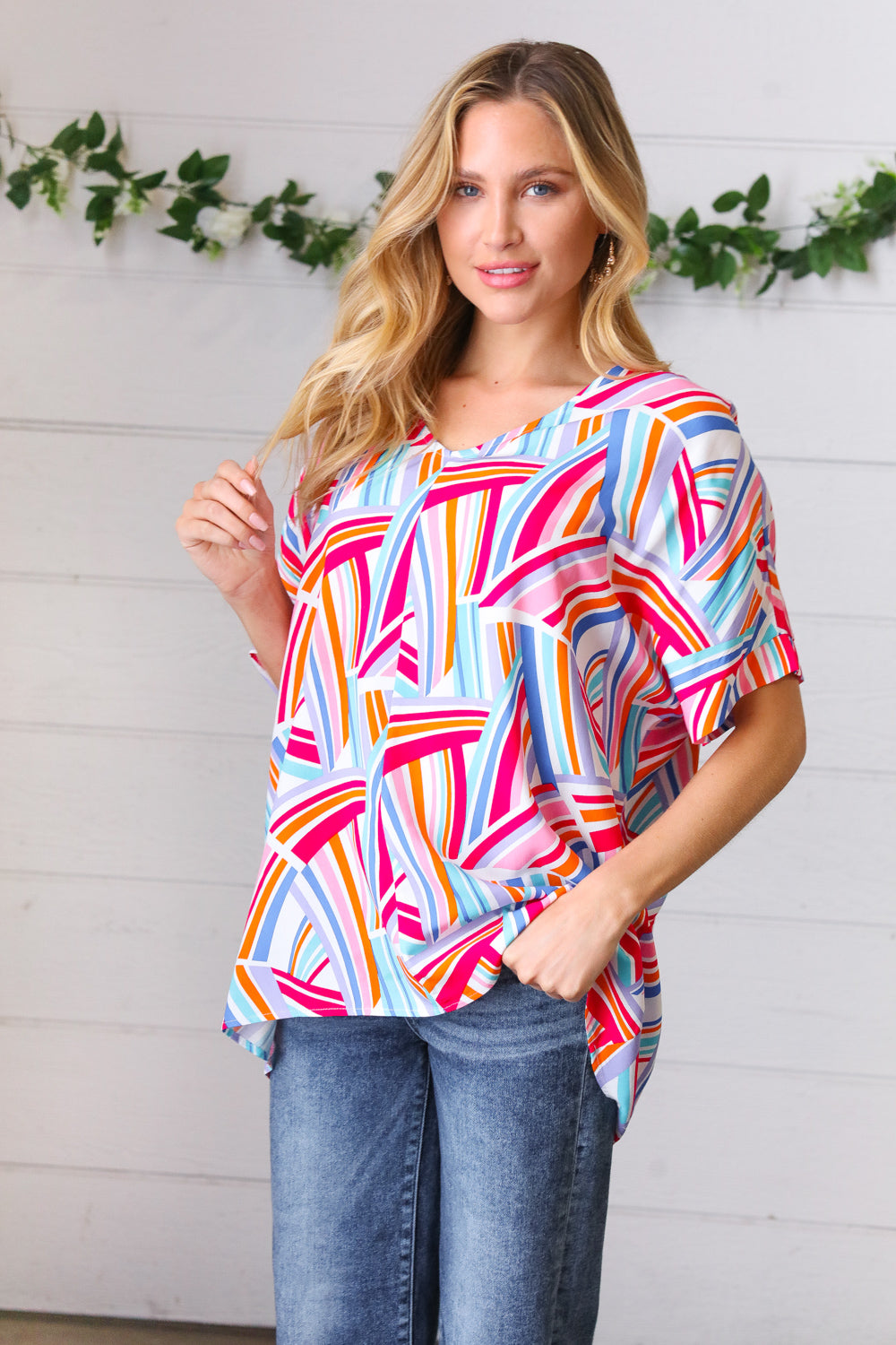 Blue &amp; Fuchsia Geometric Print Woven Top | Nikki &amp; Co. Boutique
