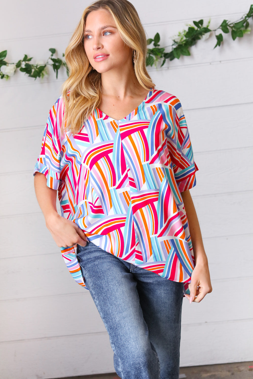 Blue &amp; Fuchsia Geometric Print Woven Top | Nikki &amp; Co. Boutique