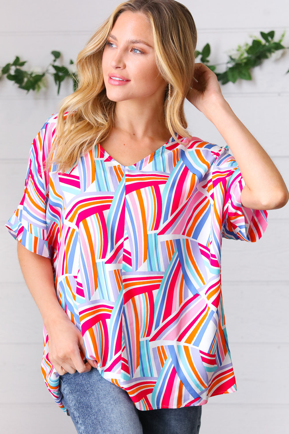 Blue &amp; Fuchsia Geometric Print Woven Top | Nikki &amp; Co. Boutique