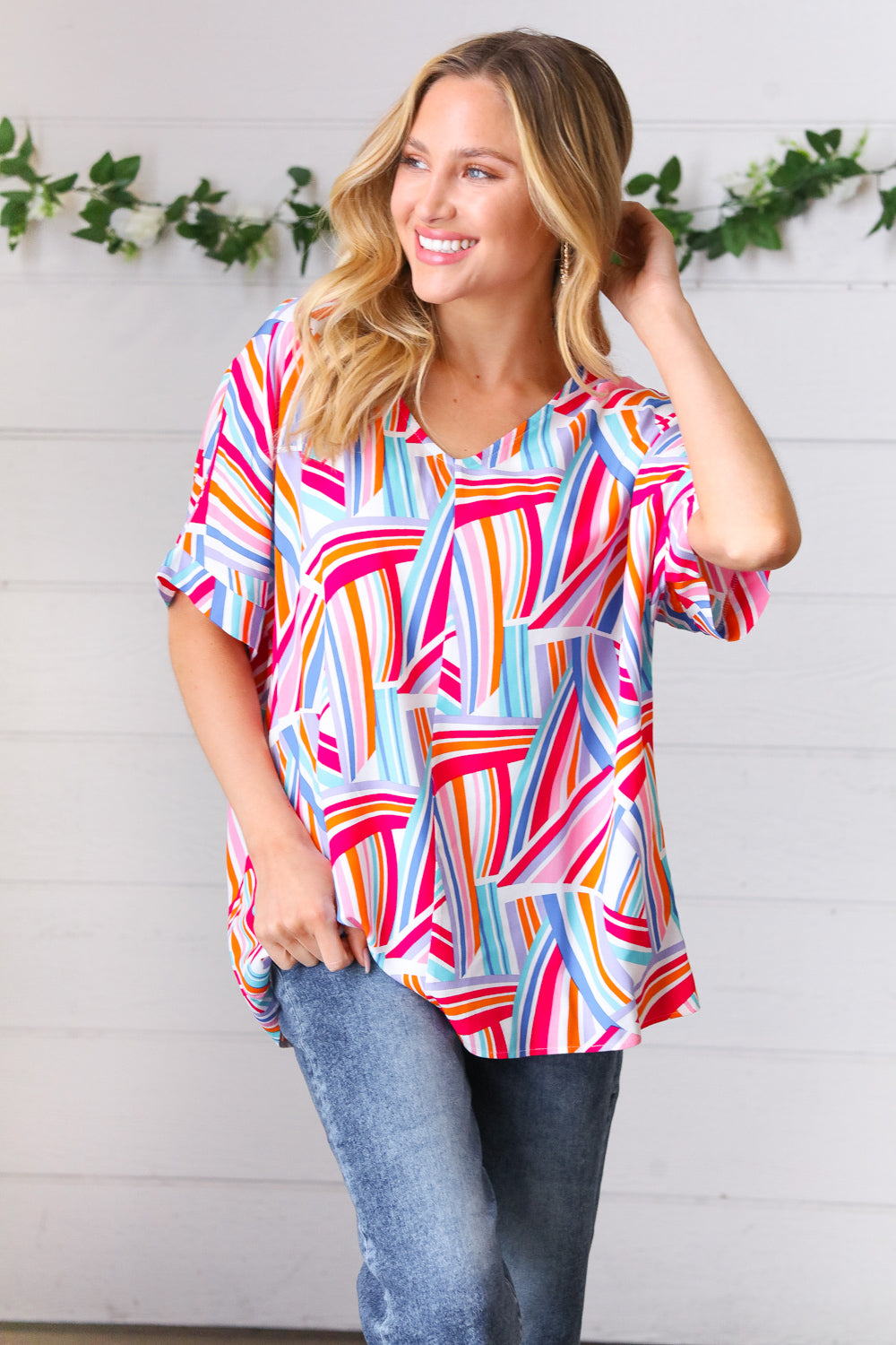 Blue &amp; Fuchsia Geometric Print Woven Top | Nikki &amp; Co. Boutique