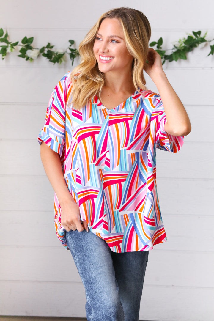 Blue &amp; Fuchsia Geometric Print Woven Top | Nikki &amp; Co. Boutique