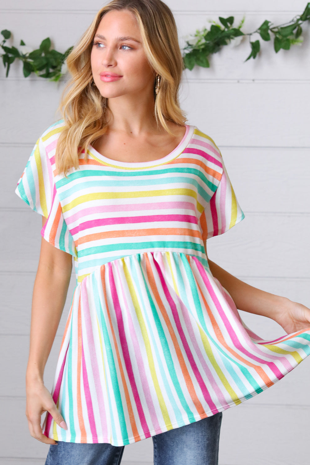 Lavender Rainbow Stripe Babydoll Top | Nikki &amp; Co. Boutique